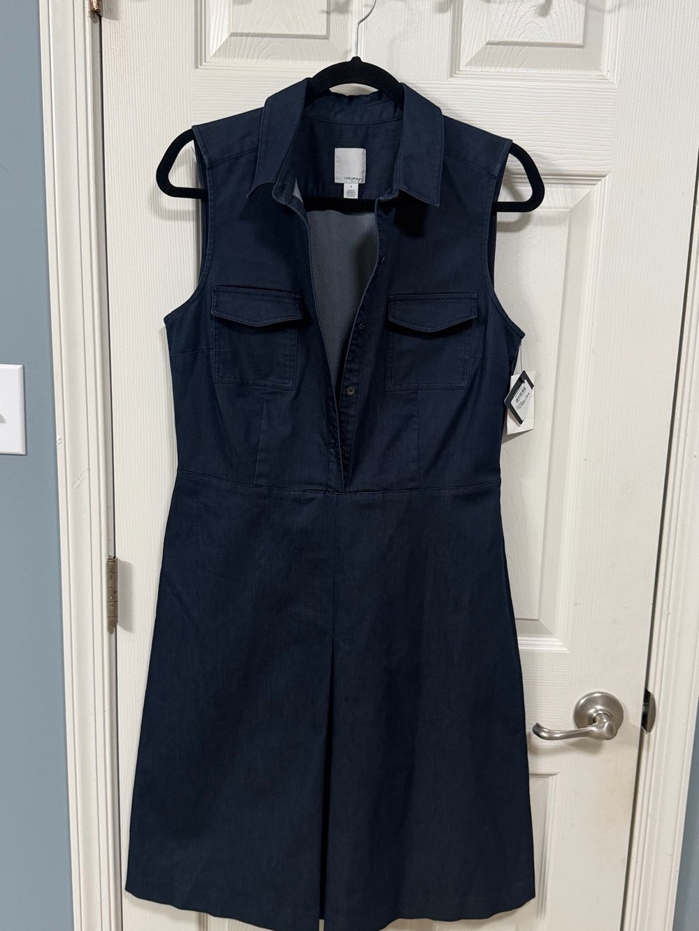 Sleeveless Denim Blue Dress Front Pleated Office Wear Career Cocktail - Picture 5 of 16
